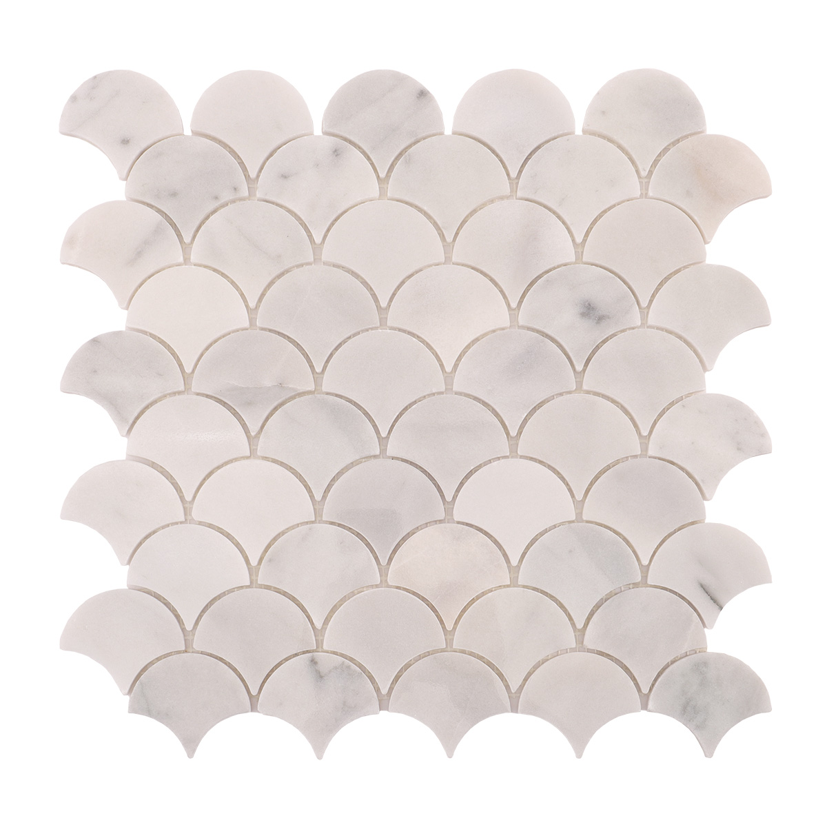 Obverse side of fish scale white marble polished mosaic tiles.