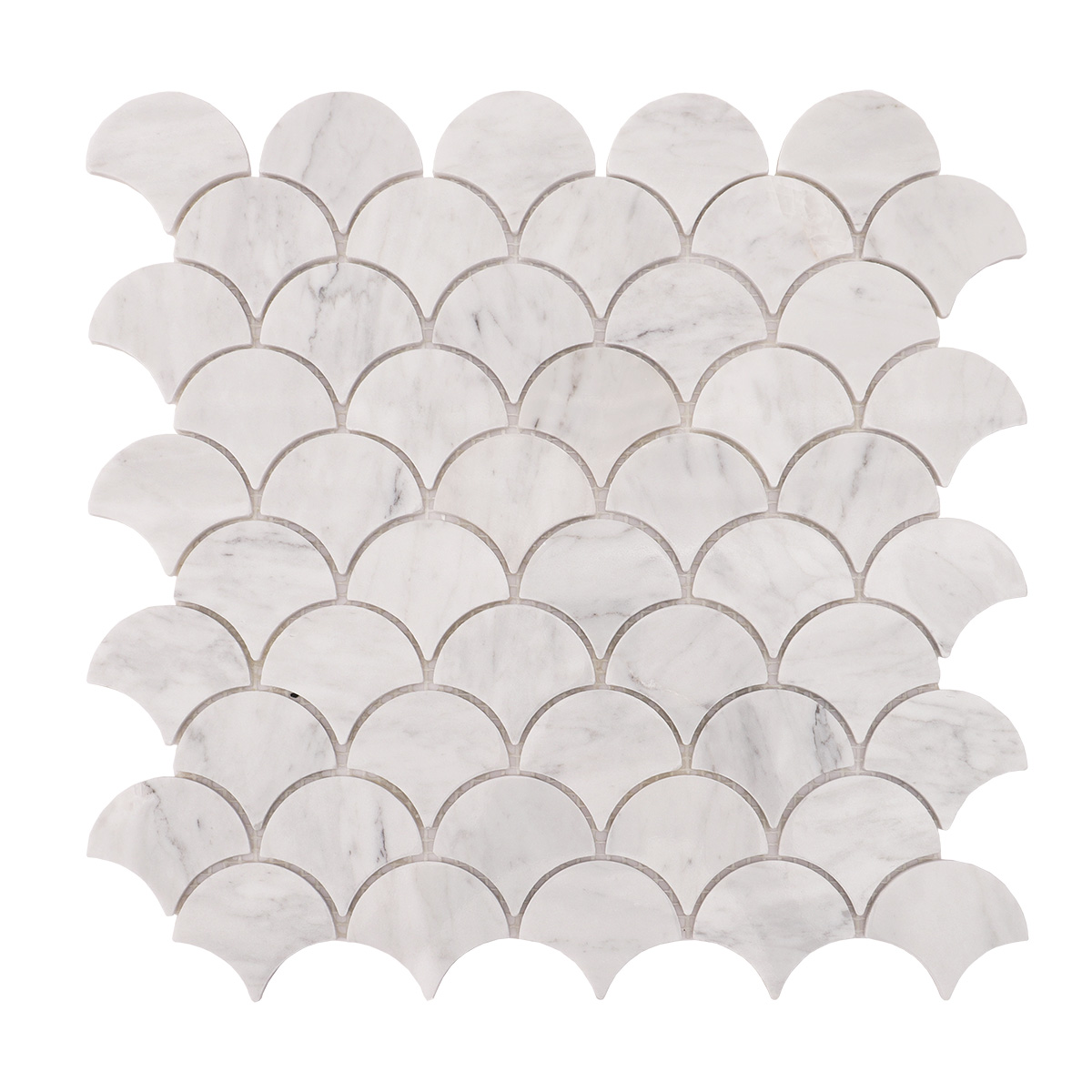 Obverse side of fish scale fan shape Carrara white marble polished mosaic tiles.