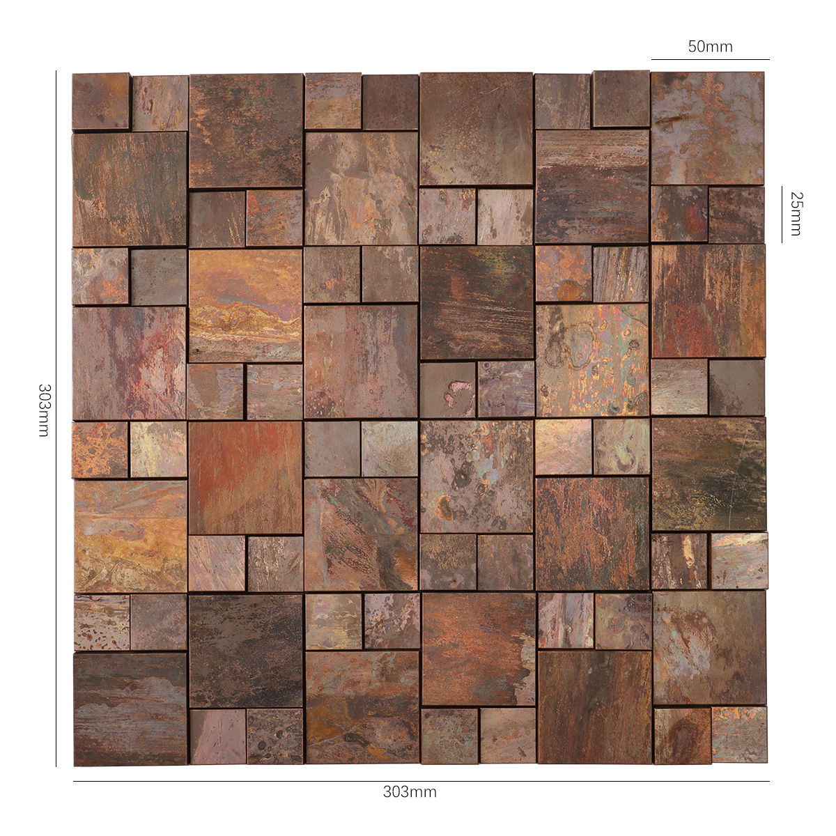 Obverse side of 3D copper metallic mosaic tile, showing size.