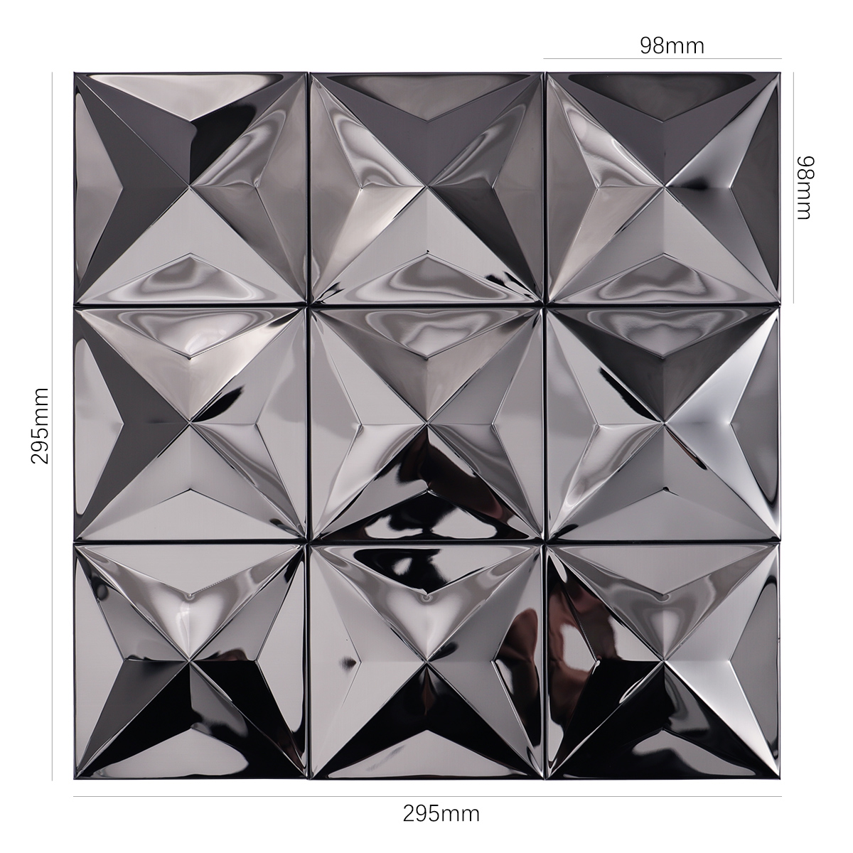 Obverse side of black 3D mirror metallic mosaic tiles, showing size.