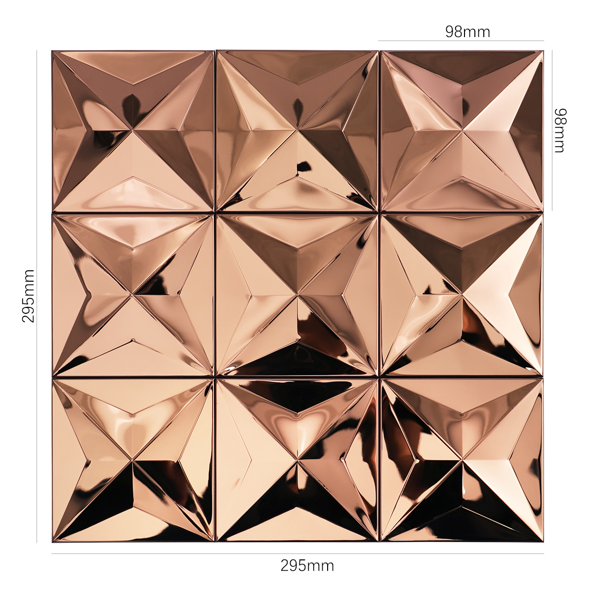 Obverse side of rose gold 3D stainless steel metal mosaic tiles, showing size.