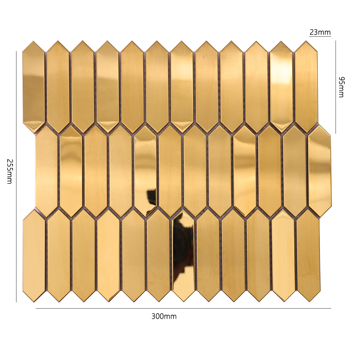 Size view of obverse side of gold picket stainless steel mosaic metallic tiles.