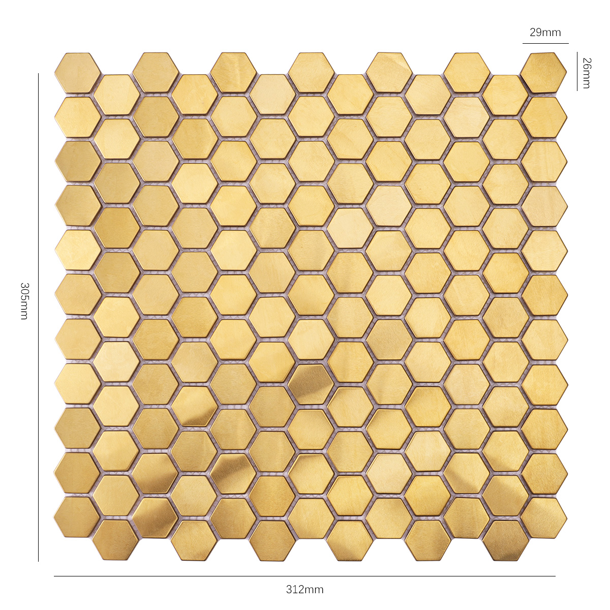 Obverse side of hexagon gold brushed mirror stainless steel mosaic tiles, showing size.