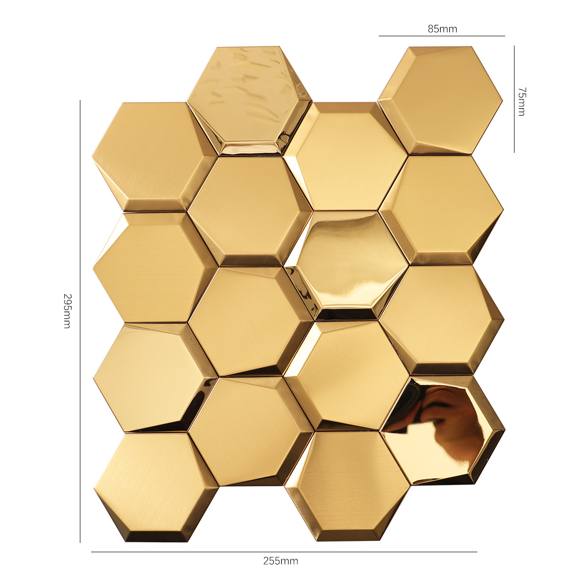 Obverse side of mirror hexagon gold stainless steel mosaic tiles, showing size