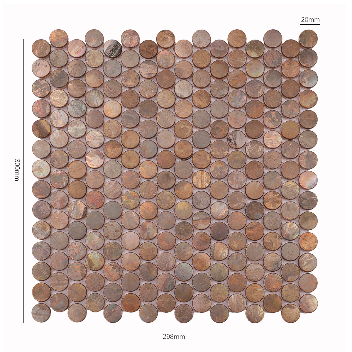 Obverse side of penny rounds copper mosaic tiles, showing size.