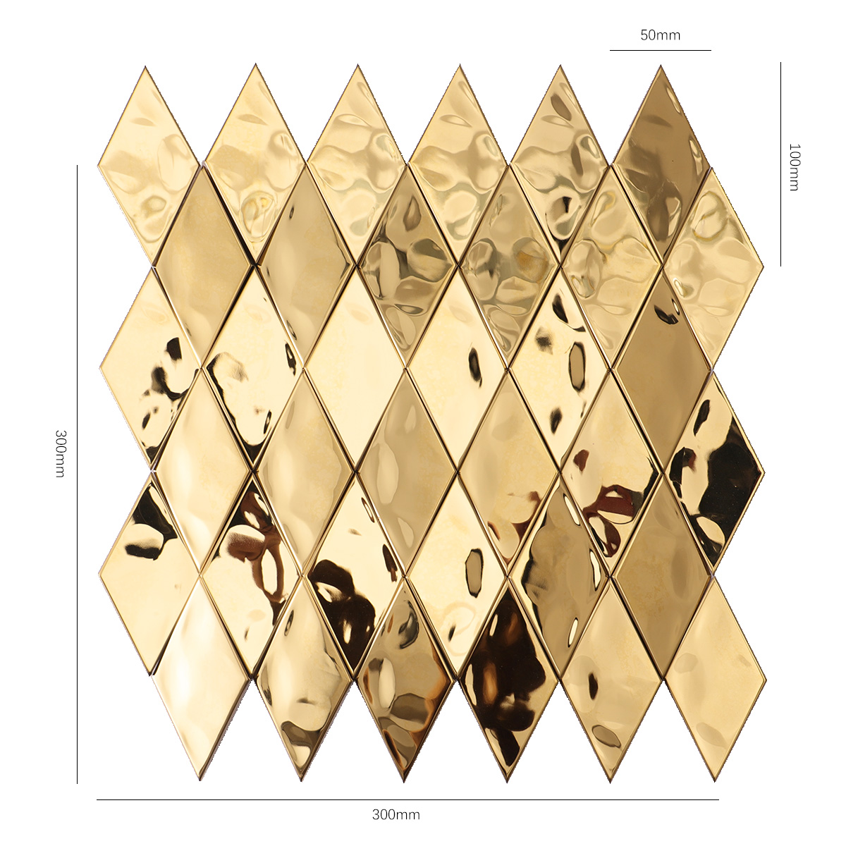 Size view of obverse side of gold diamond 3D stainless steel metal mosaic wall tiles.