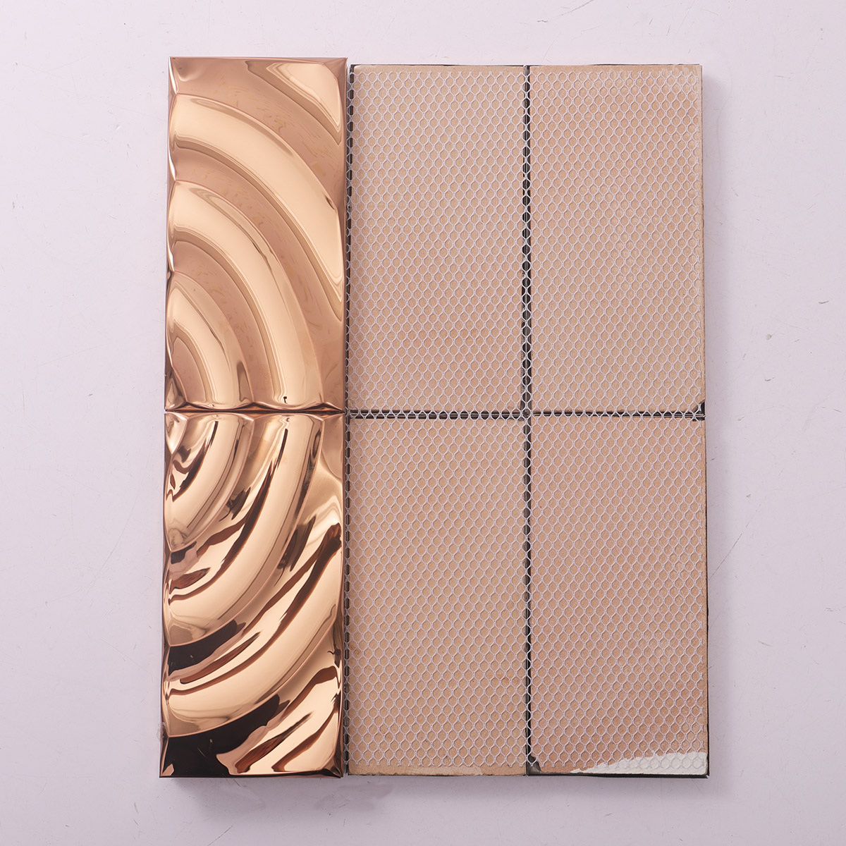 Back side of 3D wave rose gold stainless steel mosaic tiles, folded.