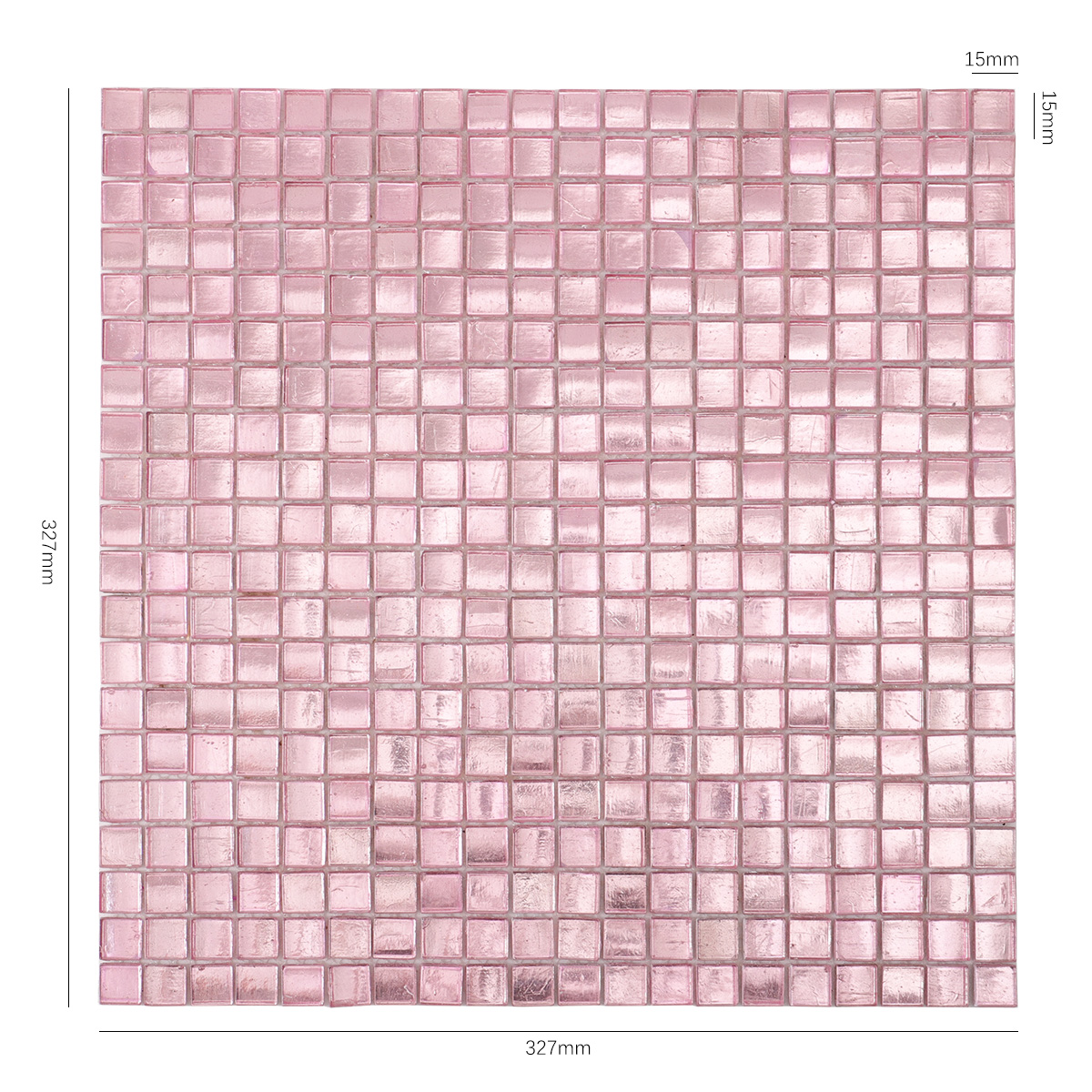 Size view of obverse side of pink metallic foil glass mosaic tiles.