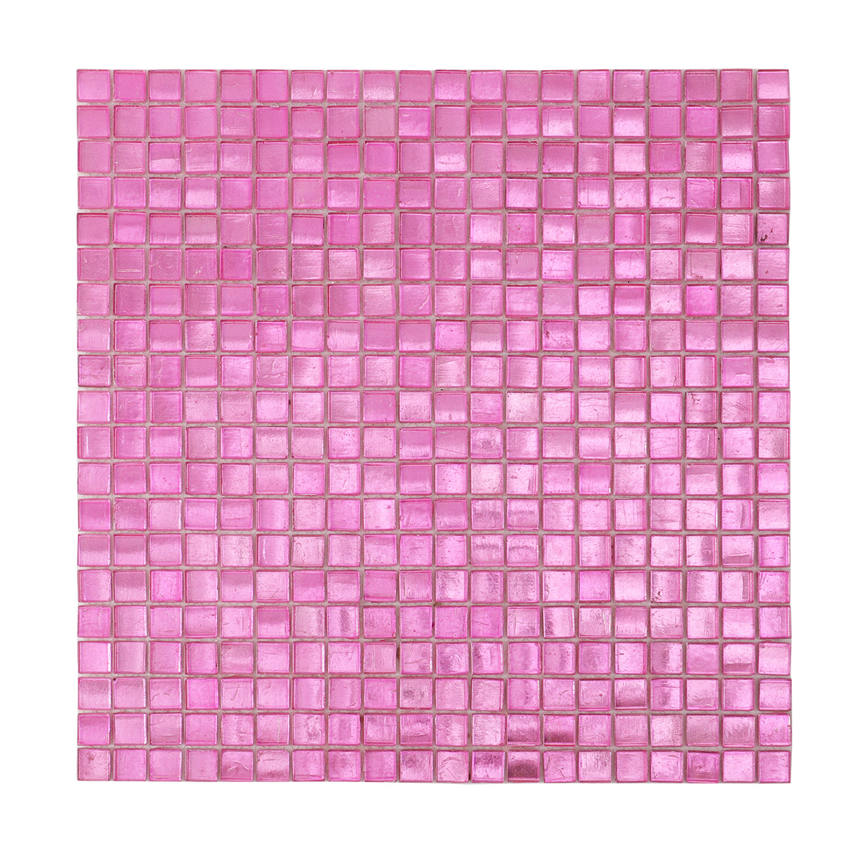 Obverse side of glossy uniform square pink foil glass mosaic tiles.