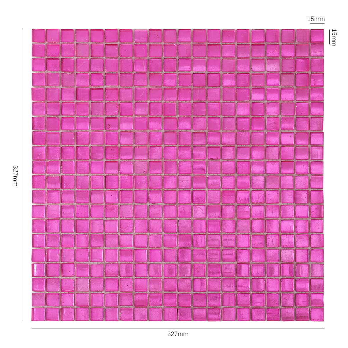 Obverse side of pink foil square glass mosaic tiles, showing size.