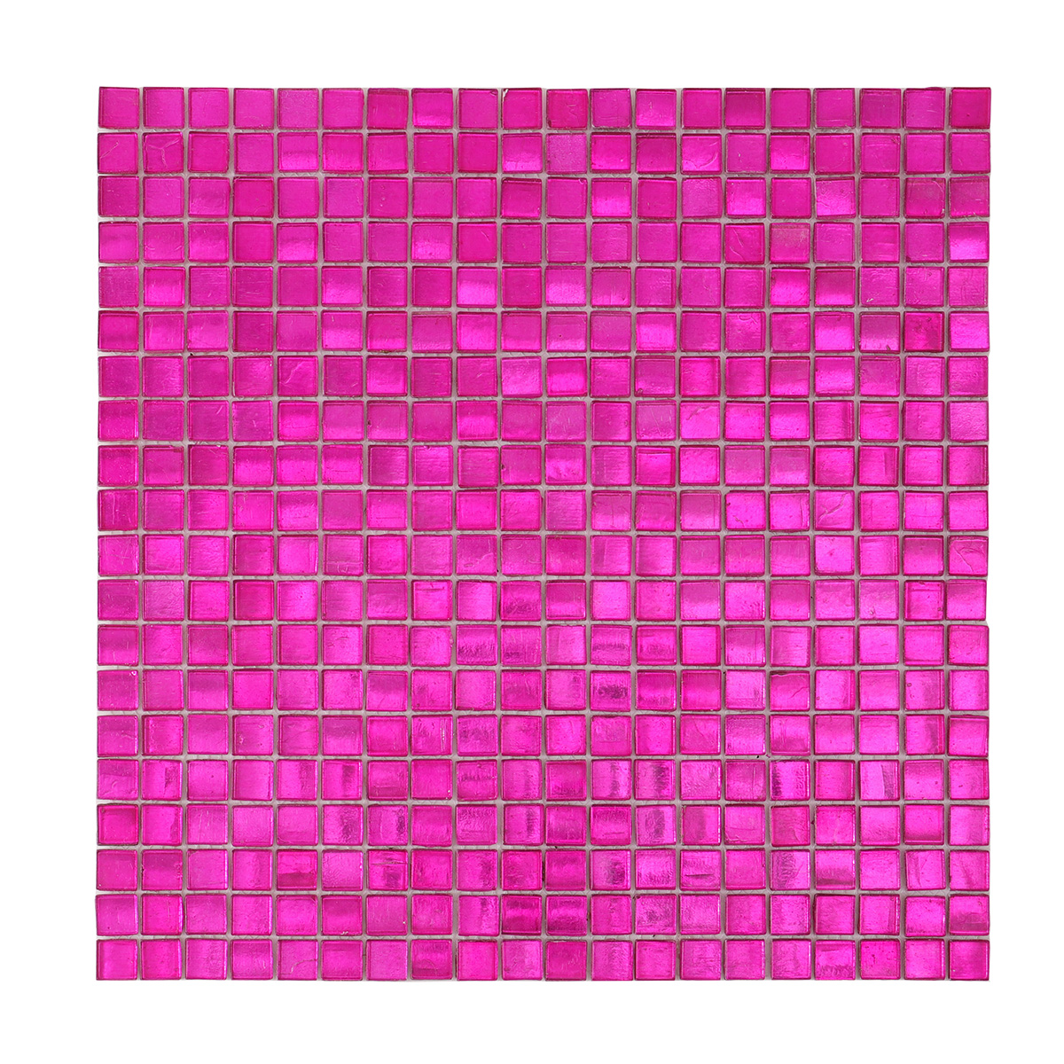 Obverse side of hot pink foil square glass mosaic tiles.