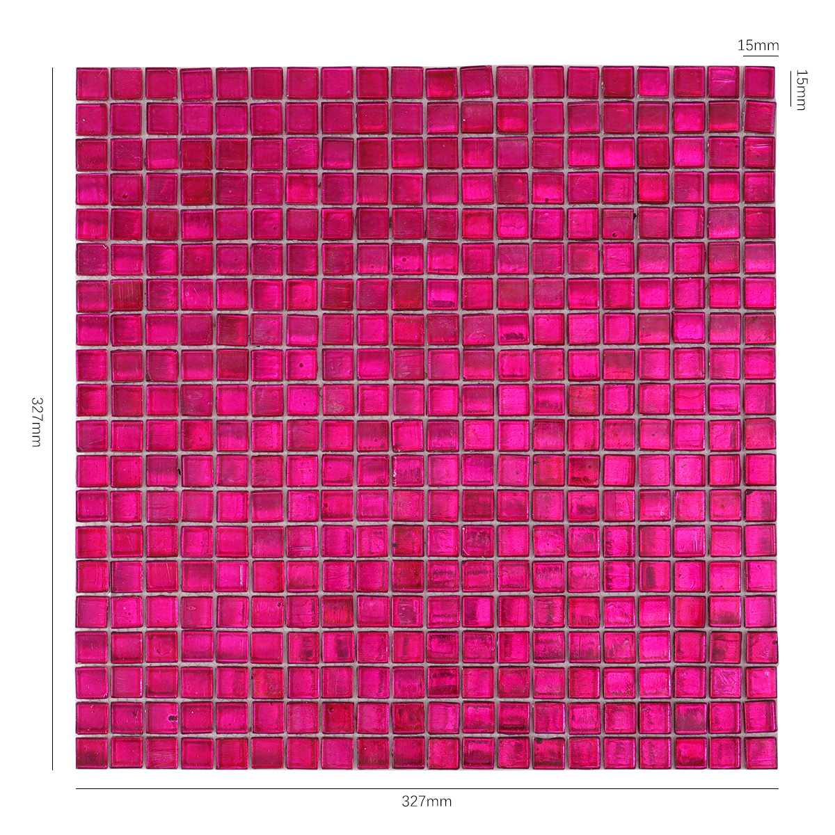 Size view of obverse side of dark pink foil glossy square glass mosaic tiles.