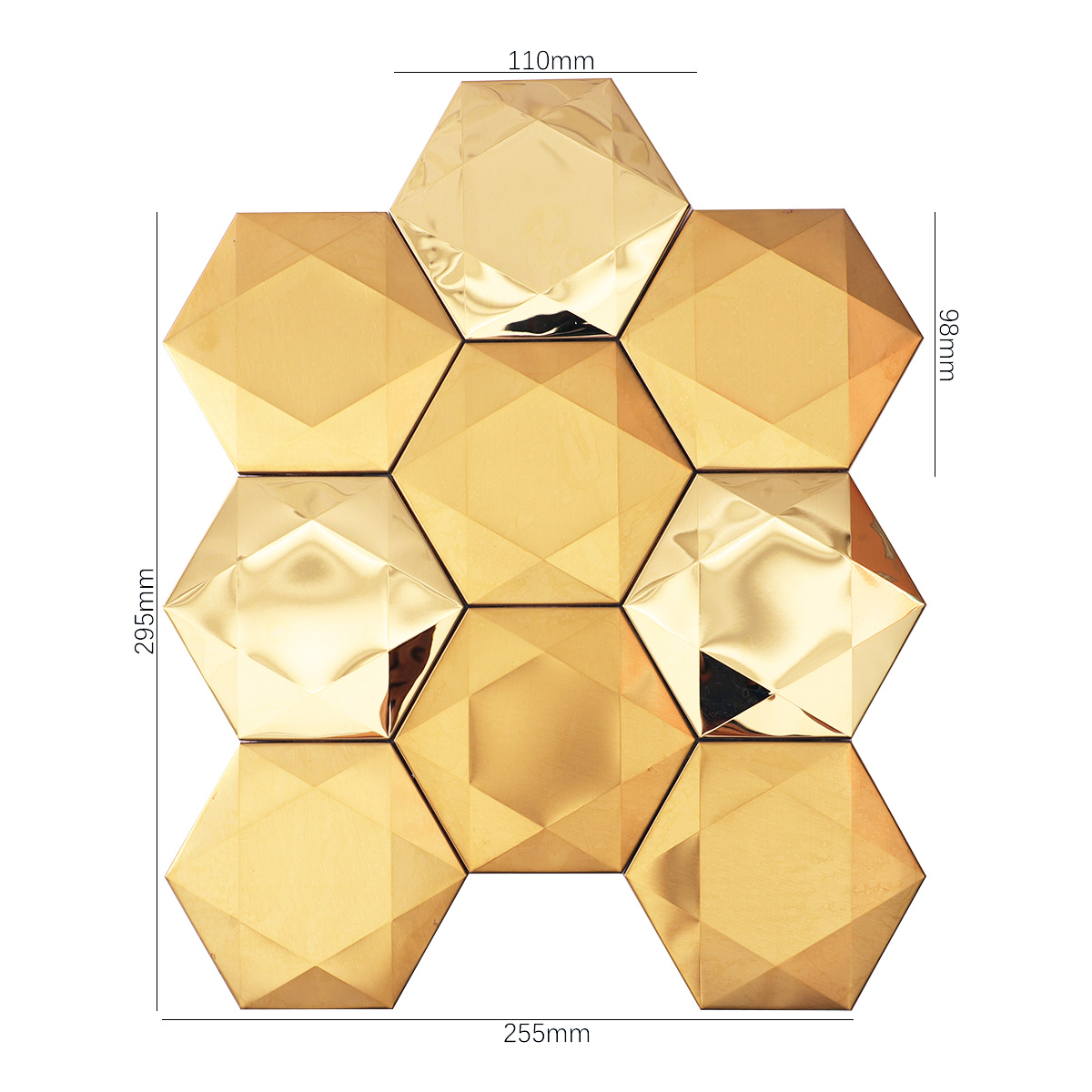 Obverse side of big hexagon 3D gold stainless steel metal mosaic tiles, showing size.