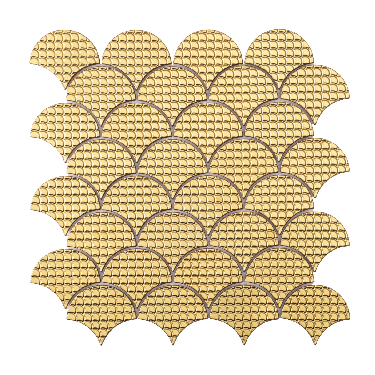 Obverse side of 3D gold metal shell shaped mosaic tiles.