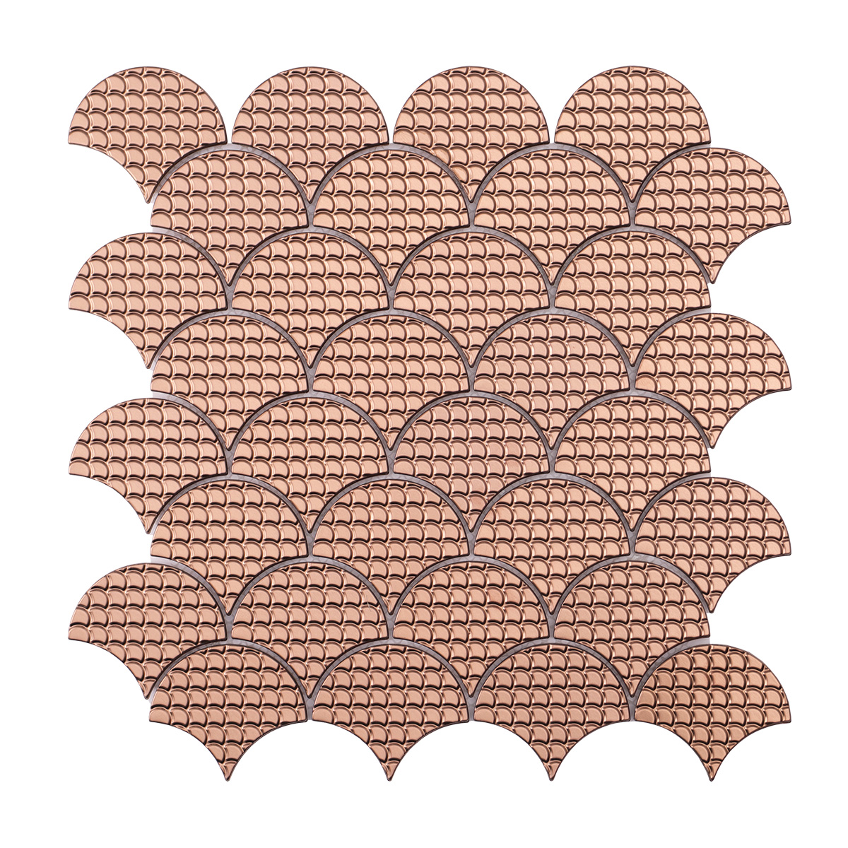 Obverse side of rose gold metal scallop mosaic tiles.