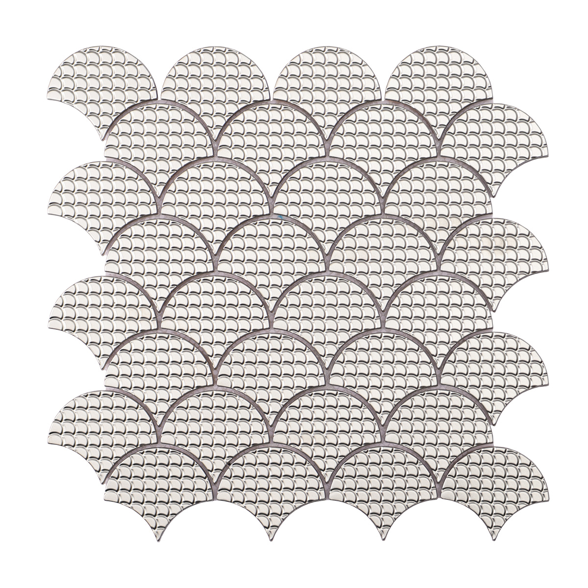 Obverse side of silver fish scale stainless steel metal mosaic tiles.