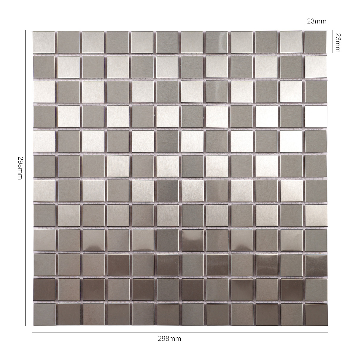 Obverse side of silver brushed stainless steel square mosaic tiles, showing size
