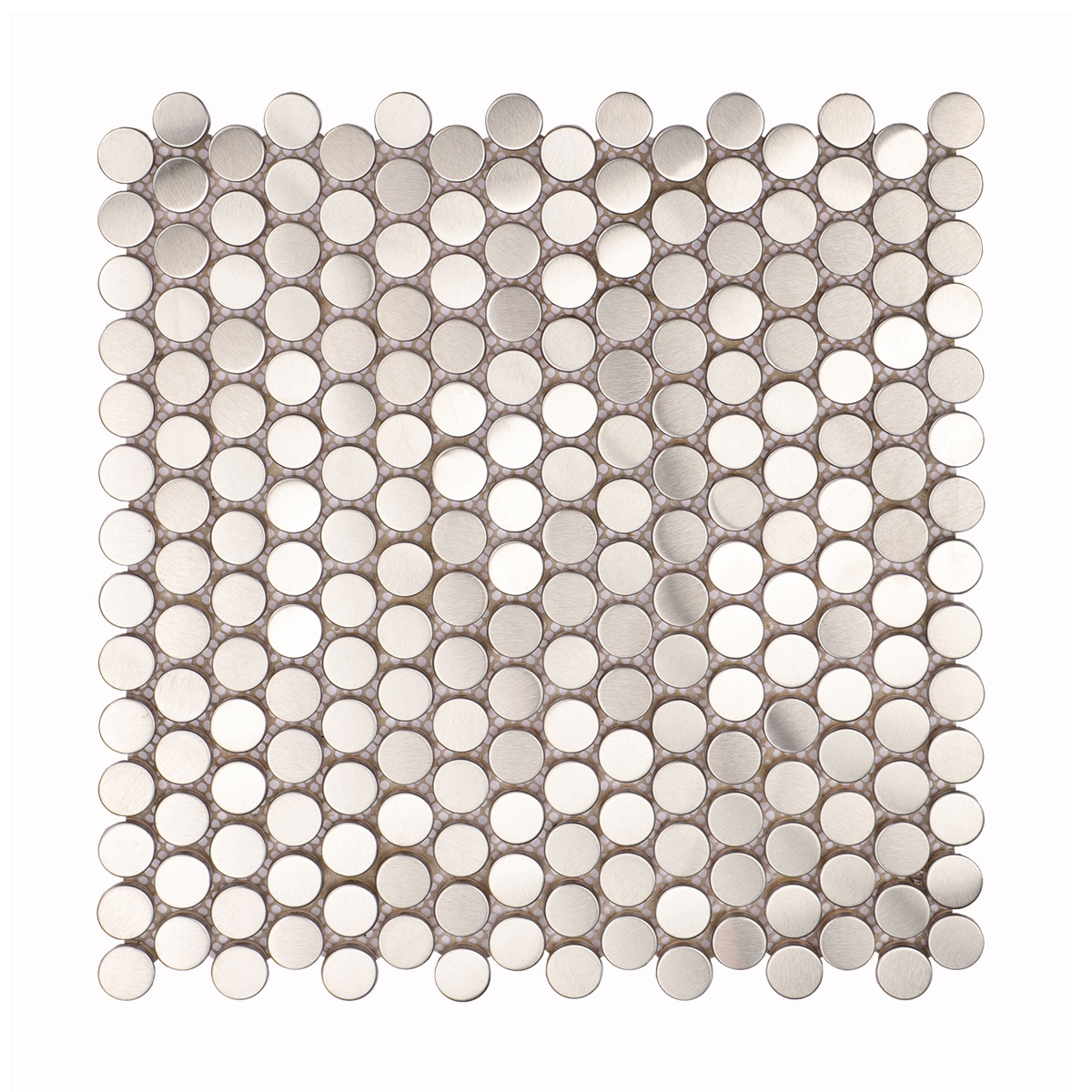Obverse side of brushed silver penny rounds metal mosaic tiles.