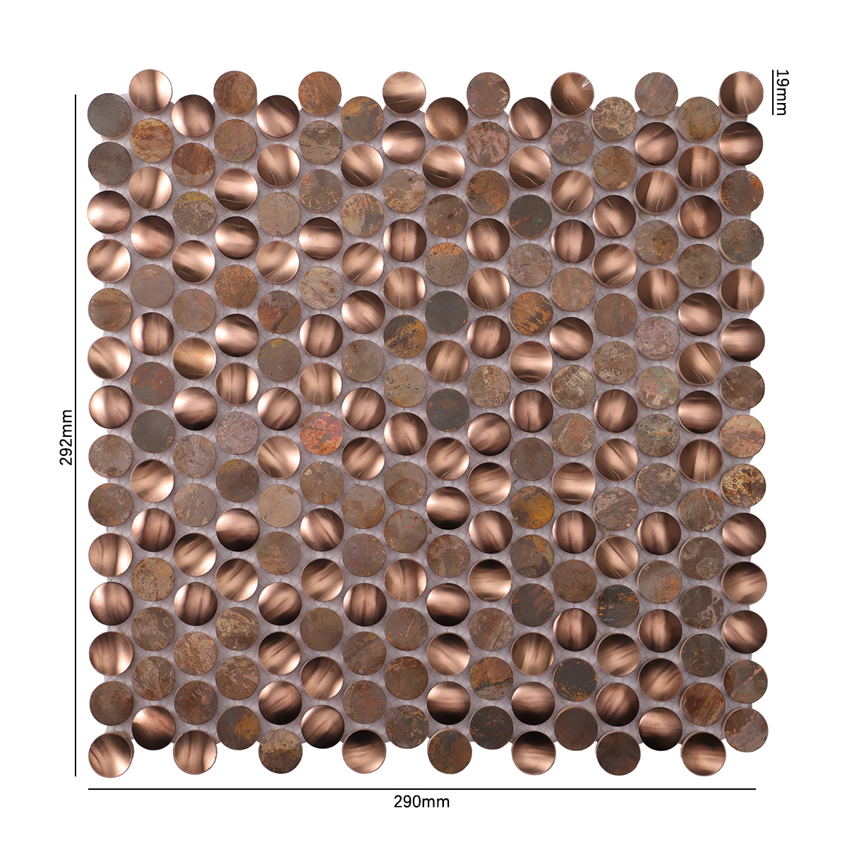 Detailed size view of obverse side of penny rounds stainless steel and copper mosaic tiles.