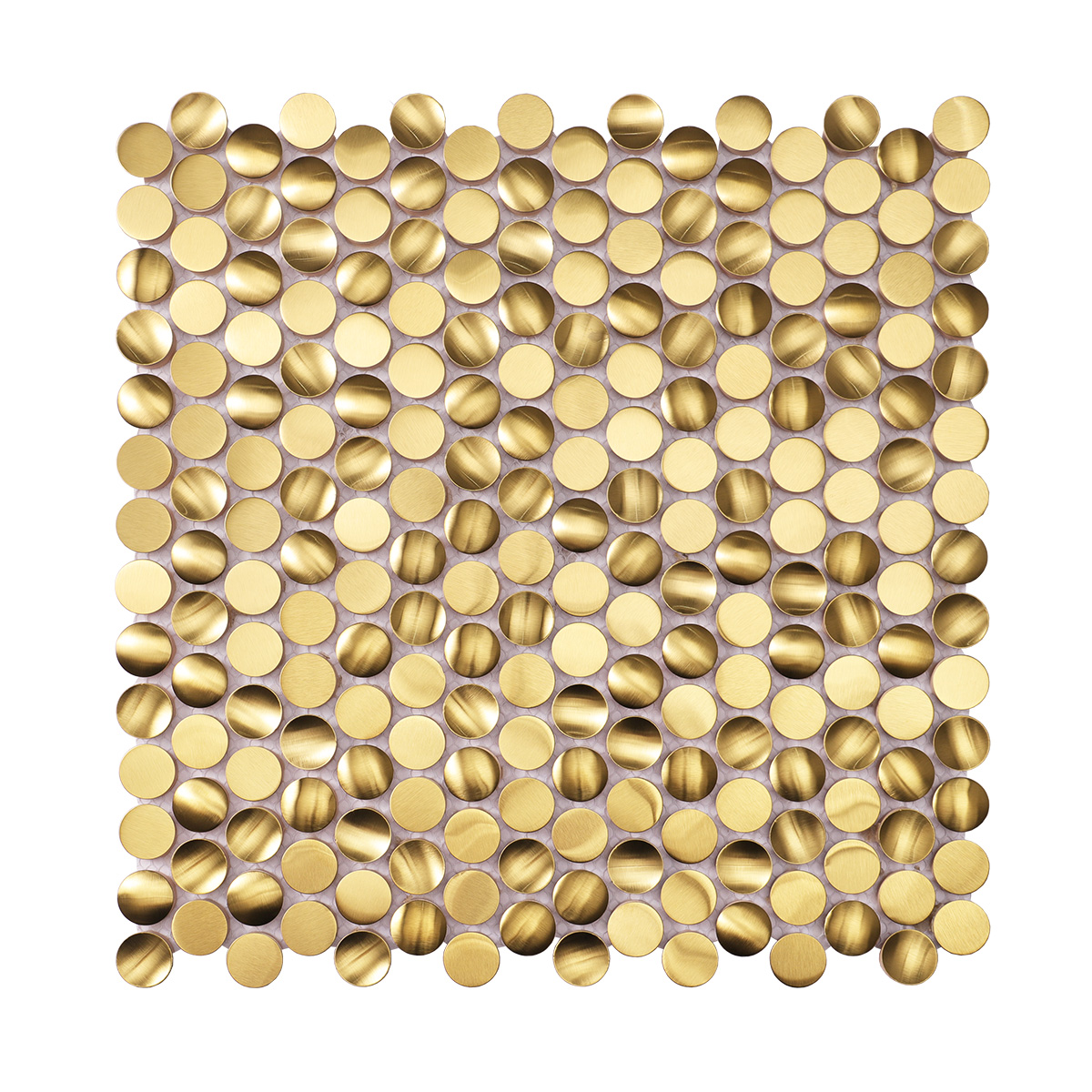 Obverse side of 3D gold penny rounds brushed stainless steel mosaic tiles