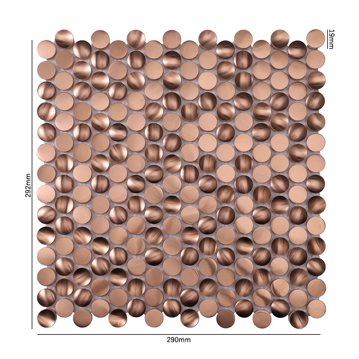 Obverse side of penny rounds rose gold 3D stainless steel mosaic tiles, showing size.
