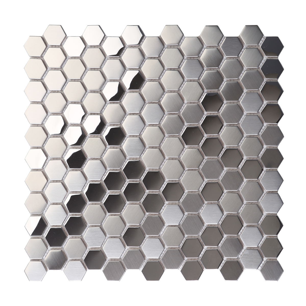Obverse side of silver hexagon stainless steel mosaic tiles.