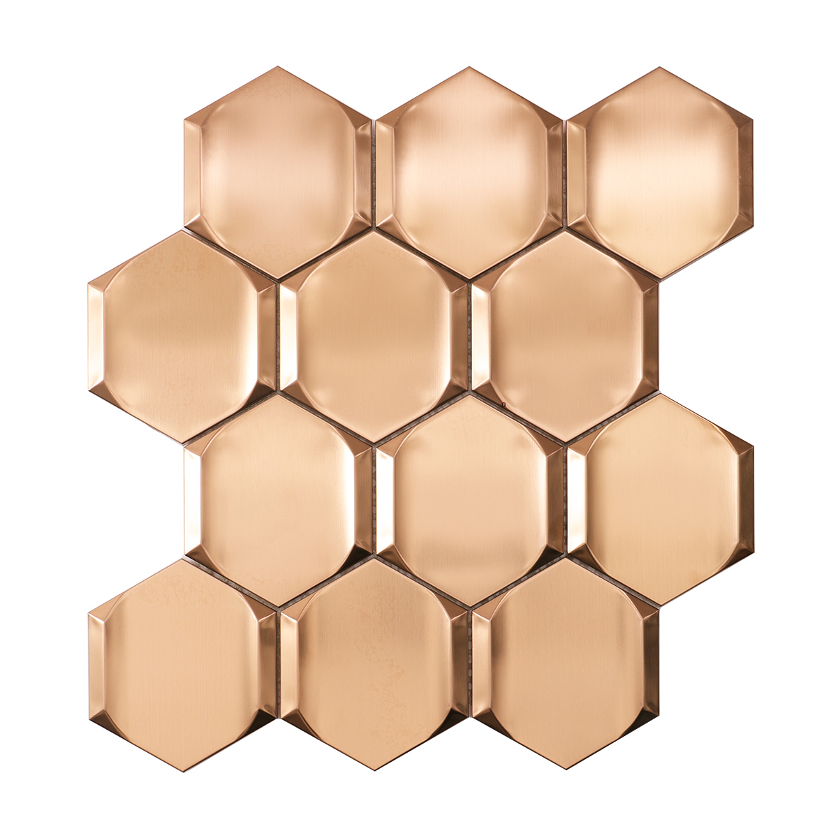 Obverse side of rose gold 3D stainless steel hexagon mosaic tiles