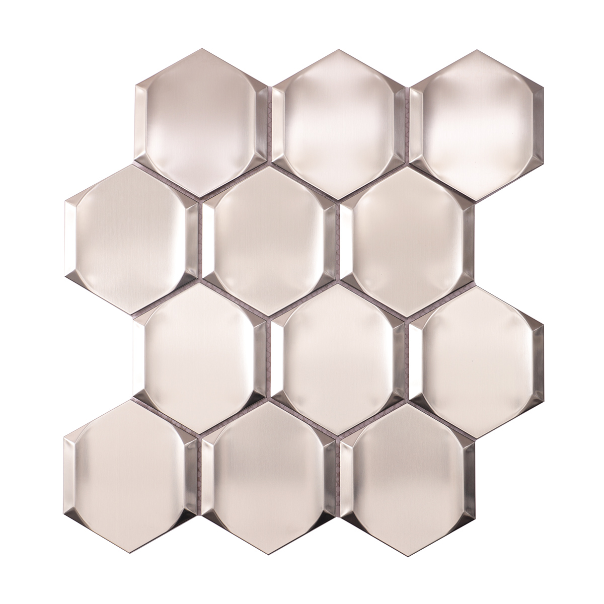Obverse side of silver 3D stainless steel hexagon mosaic tiles.