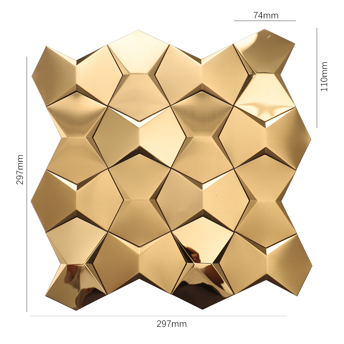 Size view of obverse side of rose gold 3D stainless steel hexagon mosaic tiles.
