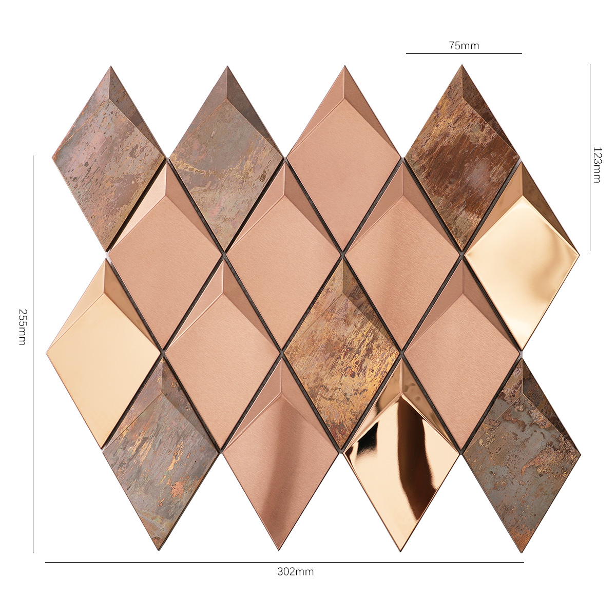 Size view of obverse side of 3D diamond stainless steel and copper mosaic tiles.