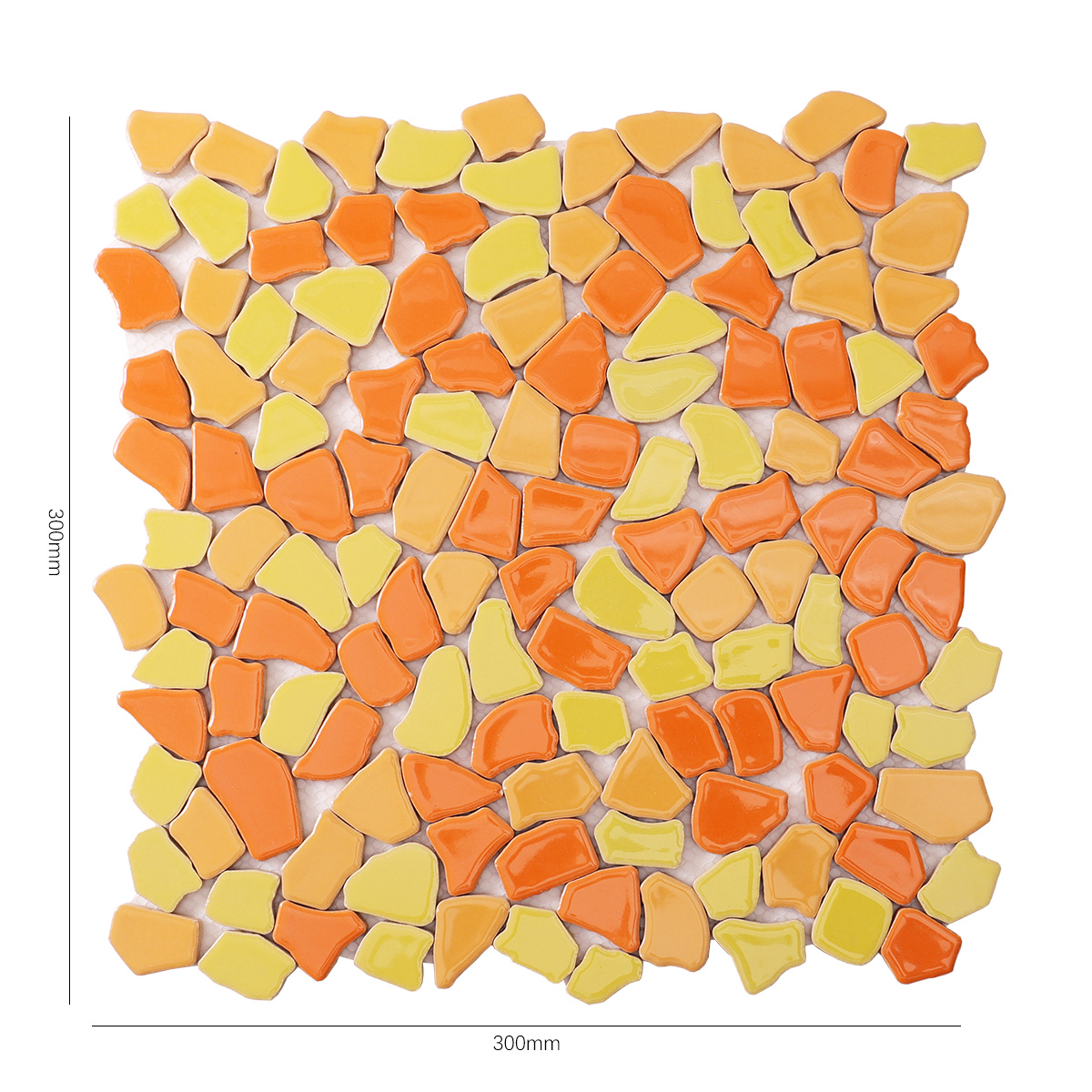 Size view of obverse side of glazed broken ceramic mosaic porcelain tile.