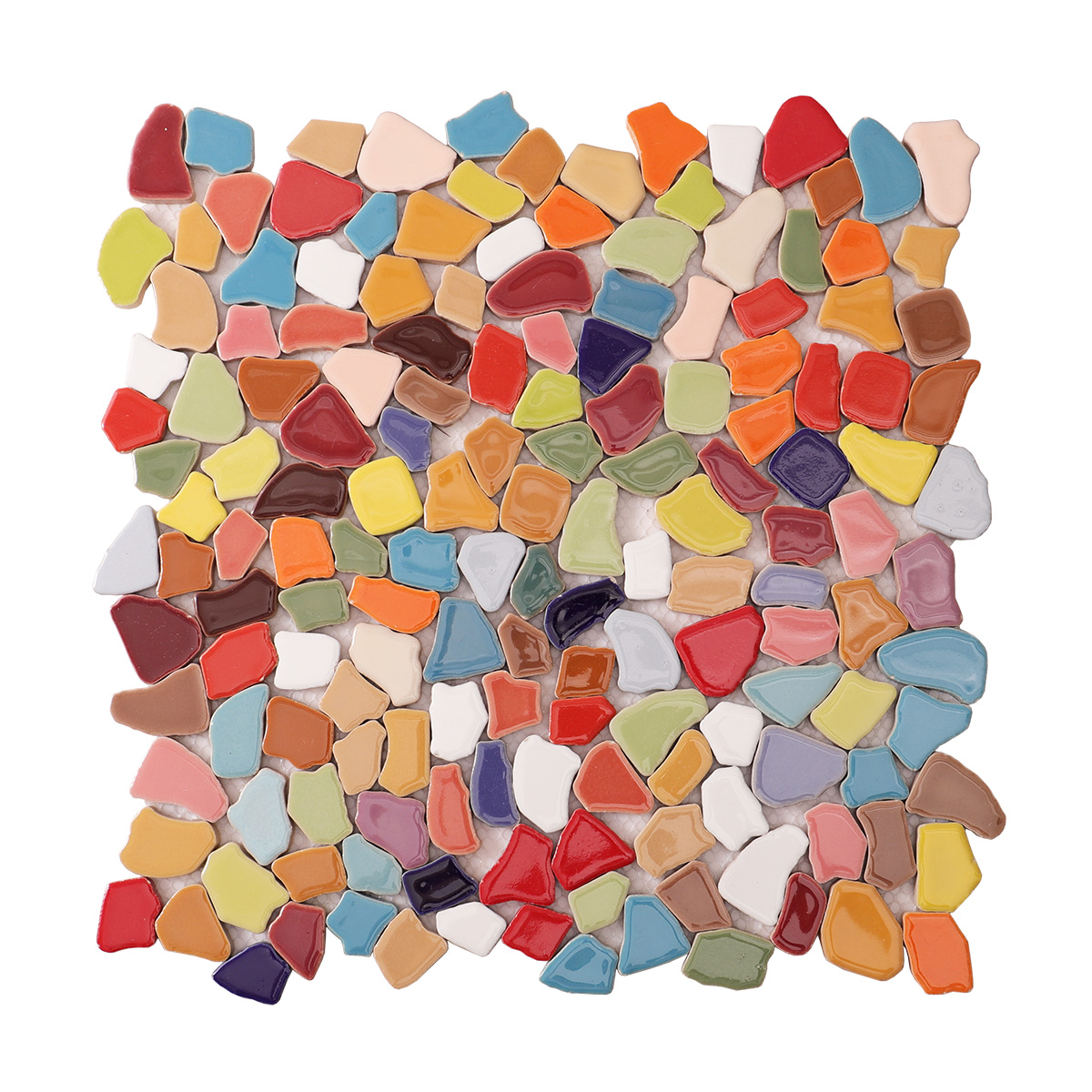 Obverse side of colorful broken ceramic mosaic tiles