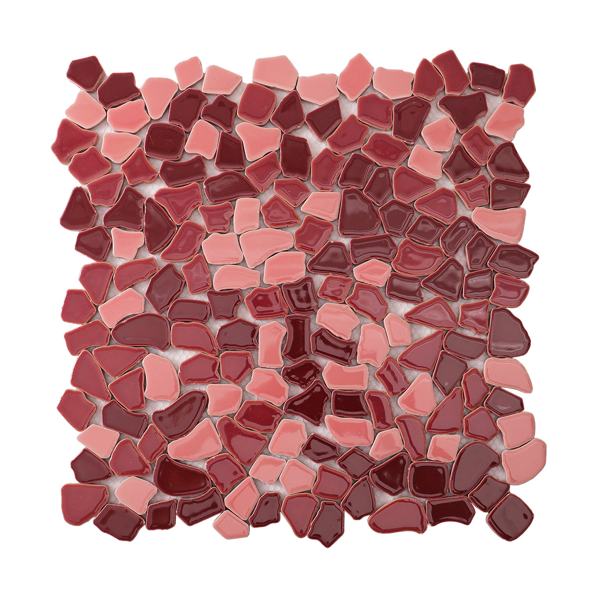 Obverse side of burgundy cracked ceramic mosaic tiles.