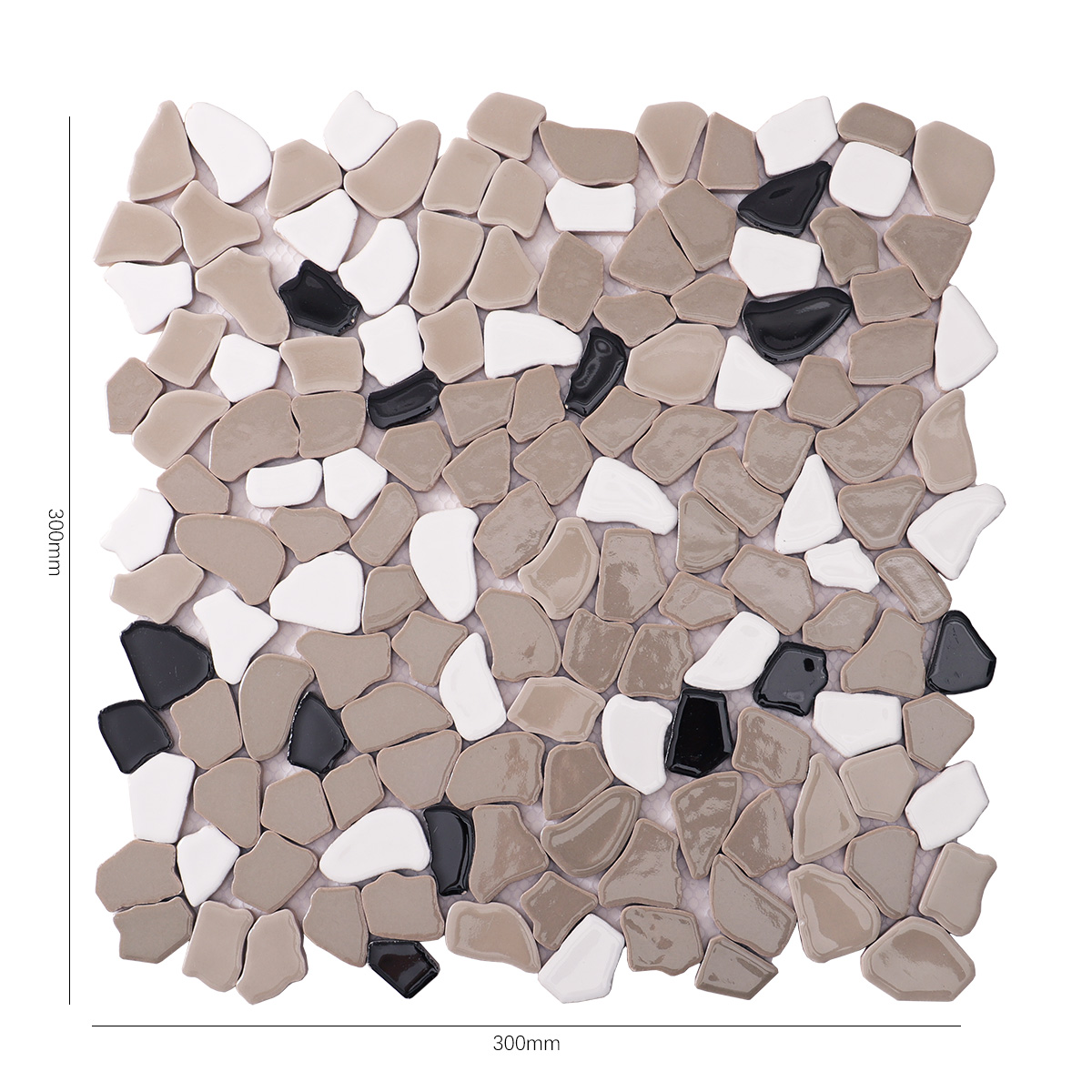 Obverse side of glossy grey ceramic cracked mosaic tiles, showing size.