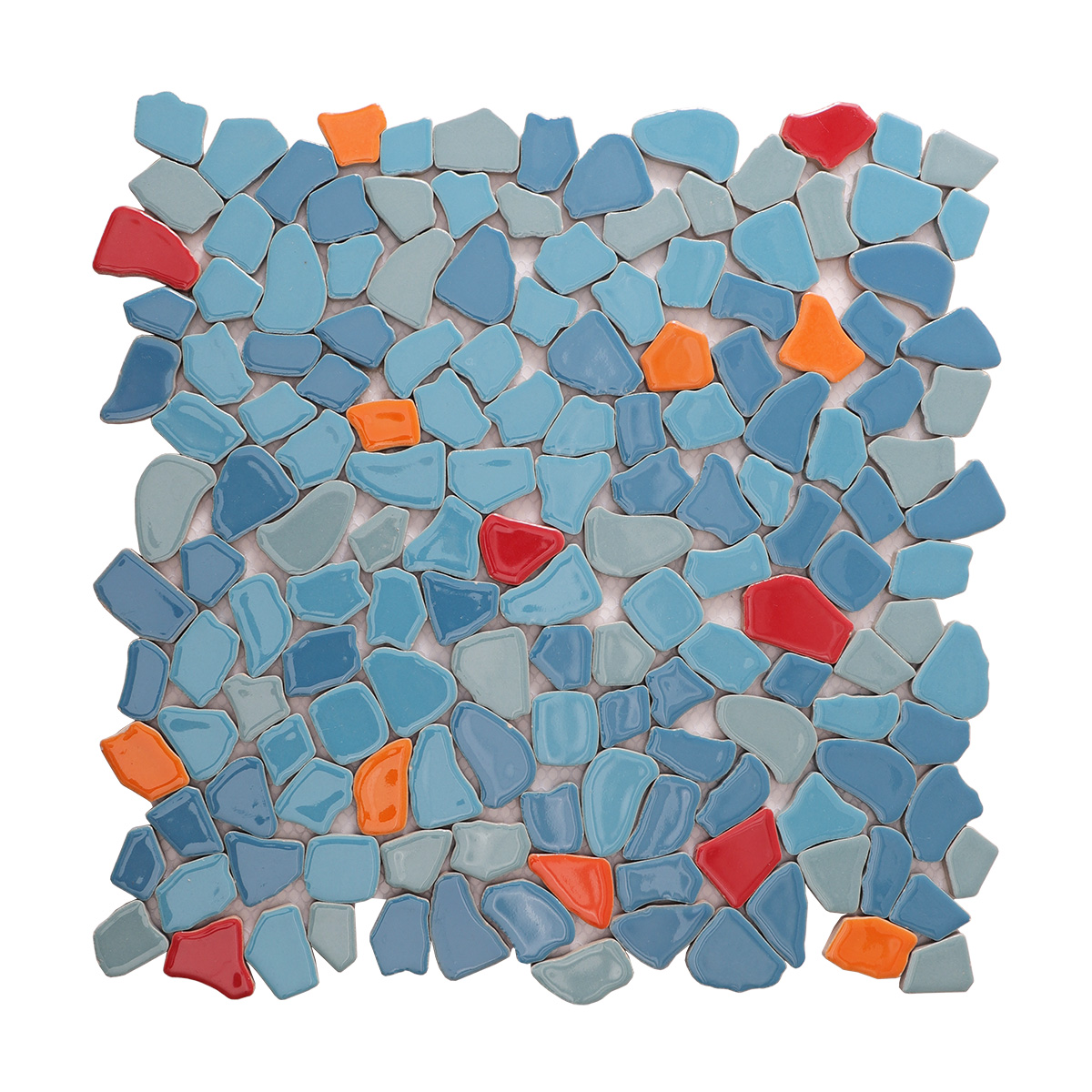 Obverse side of irregular ceramic pebble cracked mosaic tiles.