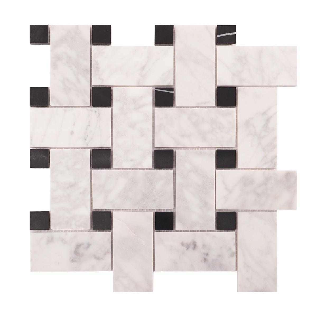 Obverse side of Carrara white basketweave marble mosaic tiles