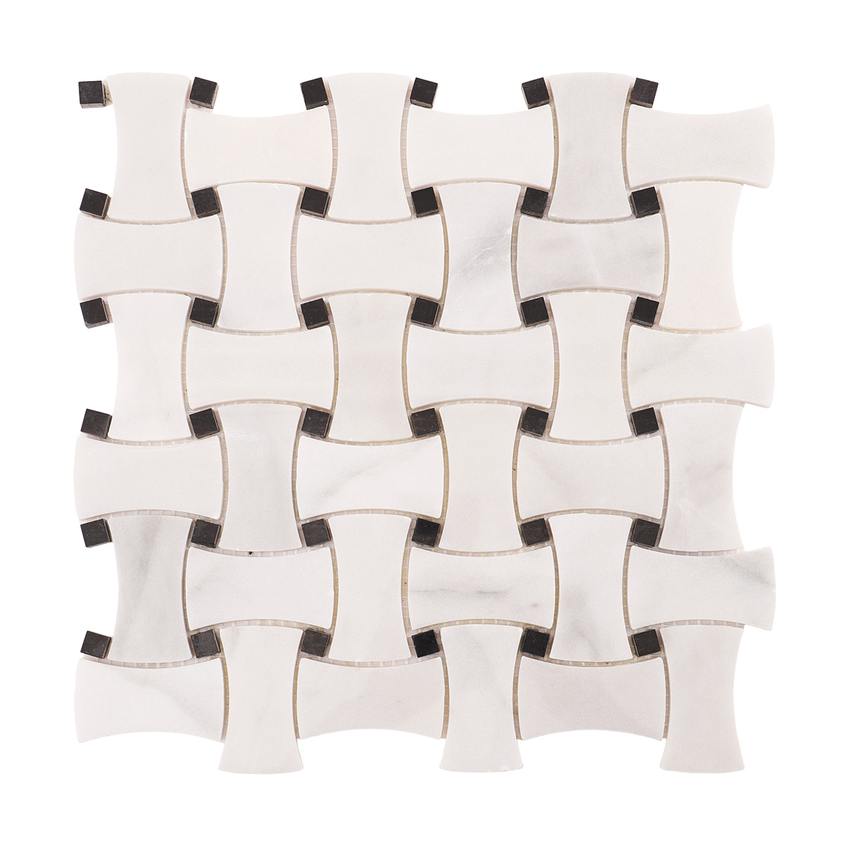 Obverse side of Carrara white basketweave marble mosaic tiles with black dots
