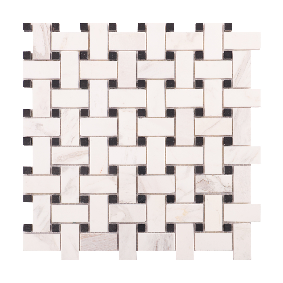 Obverse side of white basketweave marble mosaic tiles