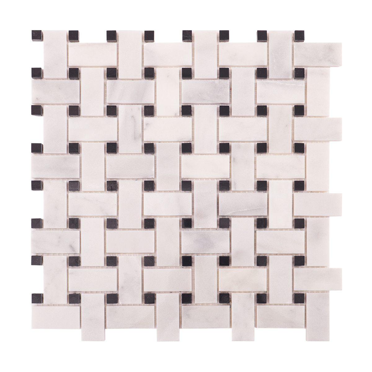 Obverse side of Carrara white basketweave marble mosaic tiles