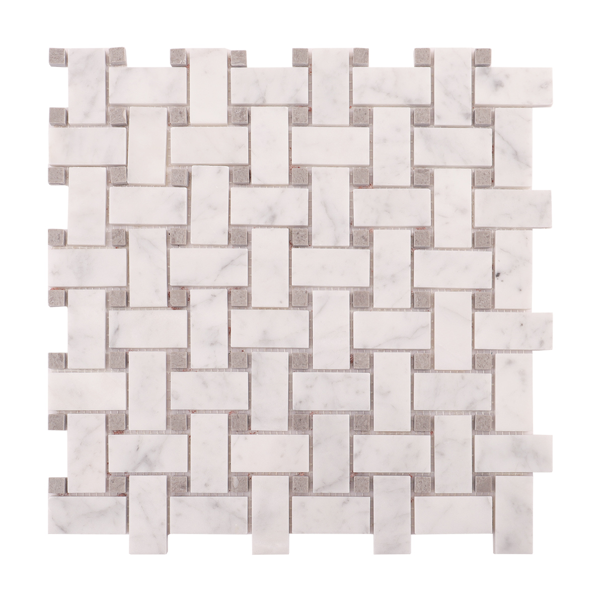 Obverse side of Carrara white basketweave marble mosaic tiles