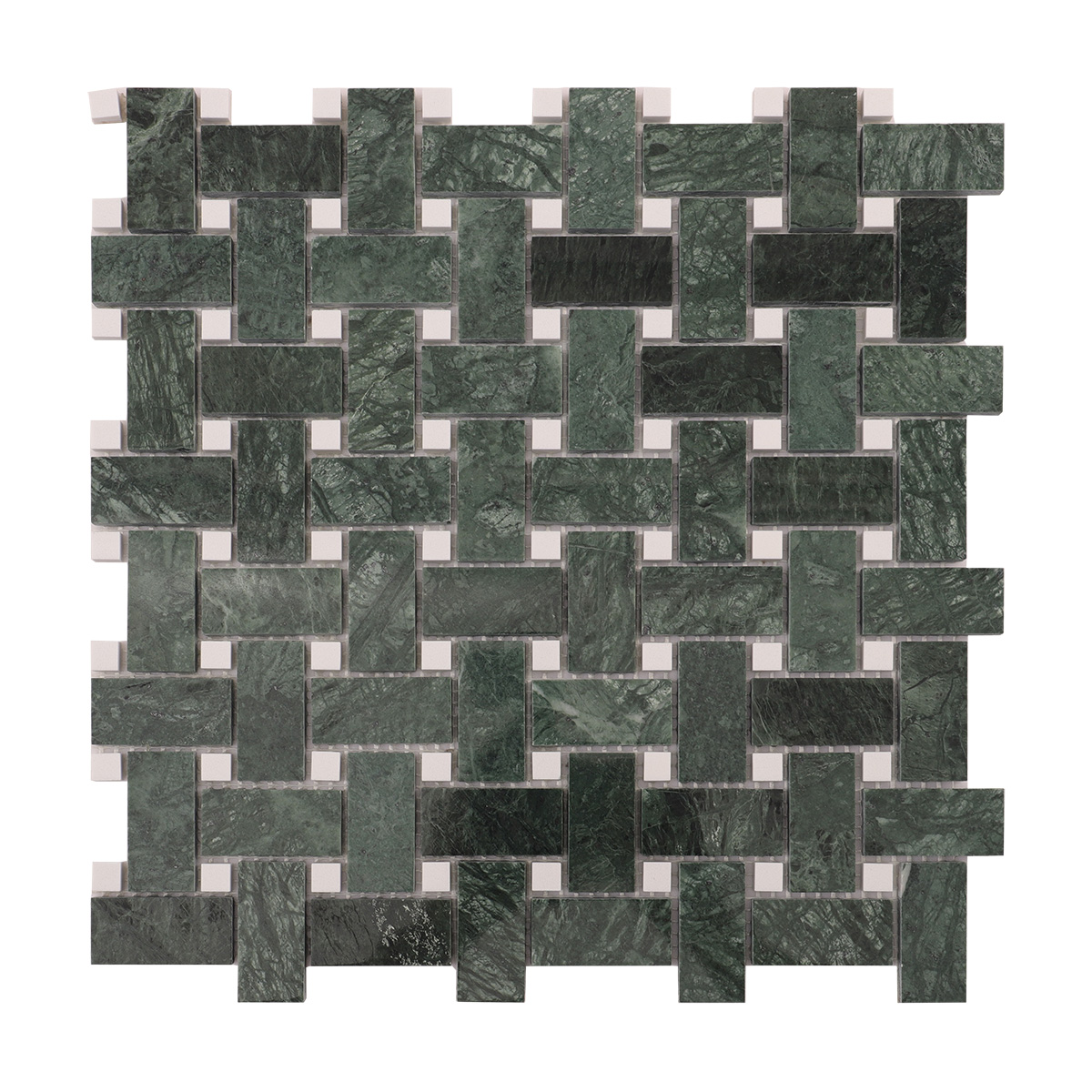 Obverse side of Verde green basketweave marble mosaic tiles