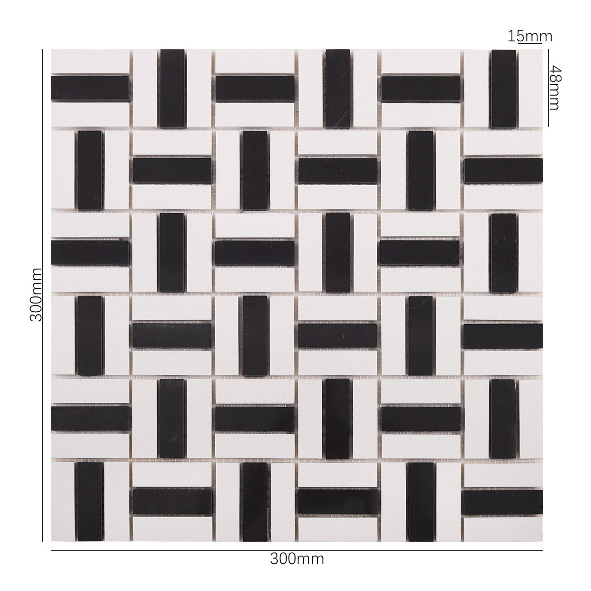Size view of obverse side of black and white faux marble mosaic tiles