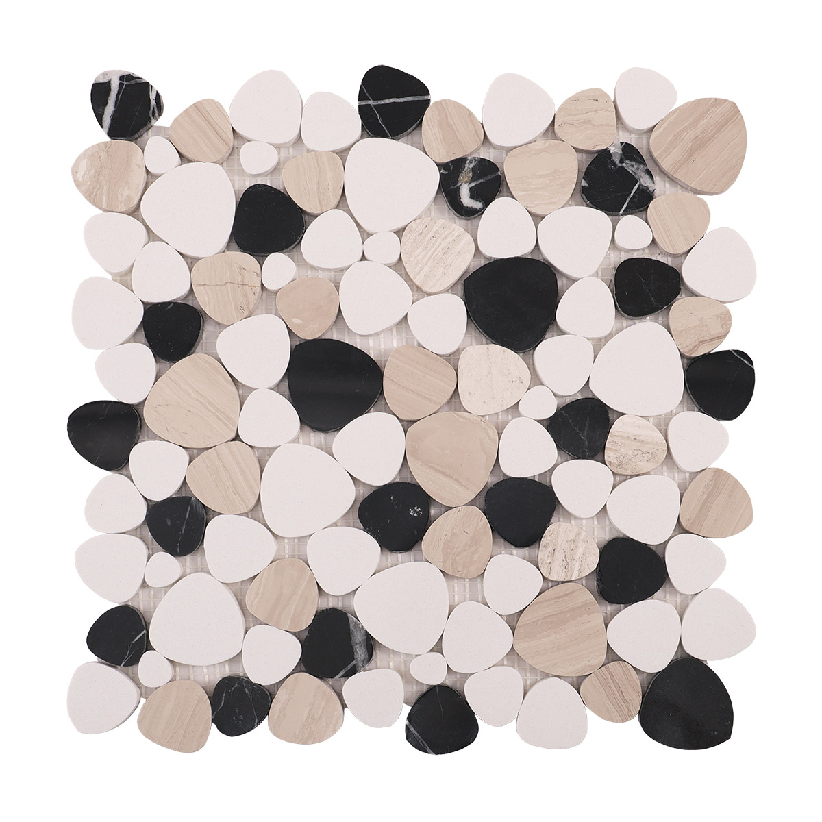 Obverse side of white and black flat pebble stone mosaic tiles