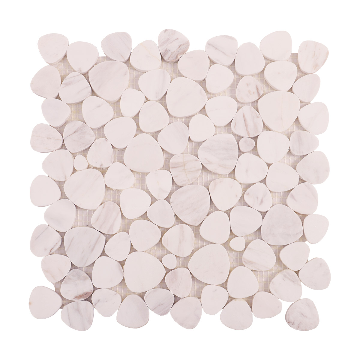 Obverse view of white sliced pebble marble mosaic tiles