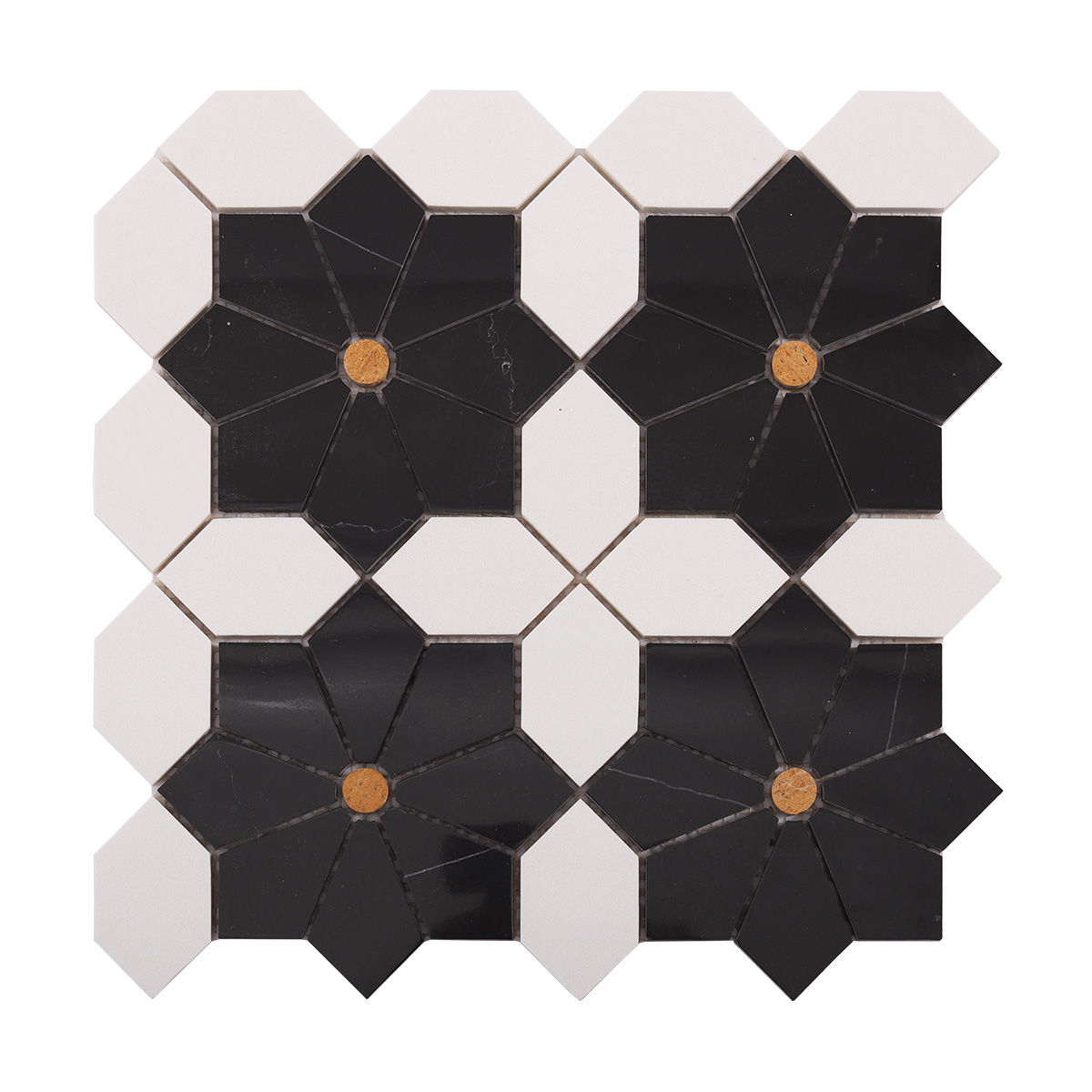 Obverse side of white and black floral marble mosaic tiles