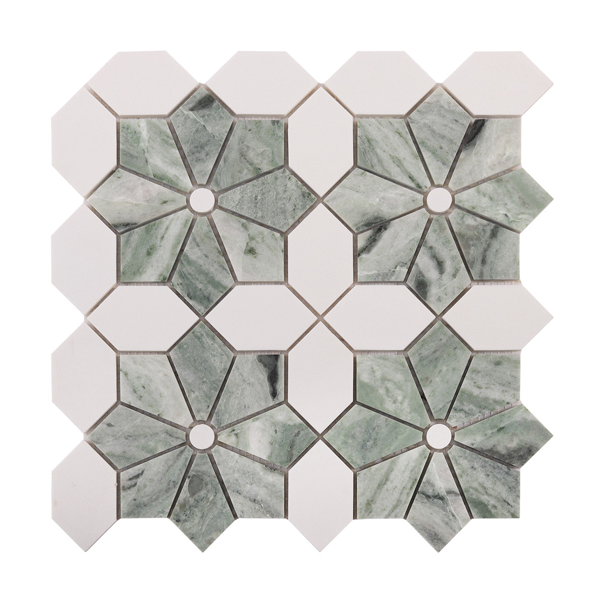 Obverse side of Ming green and white floral marble mosaic tiles