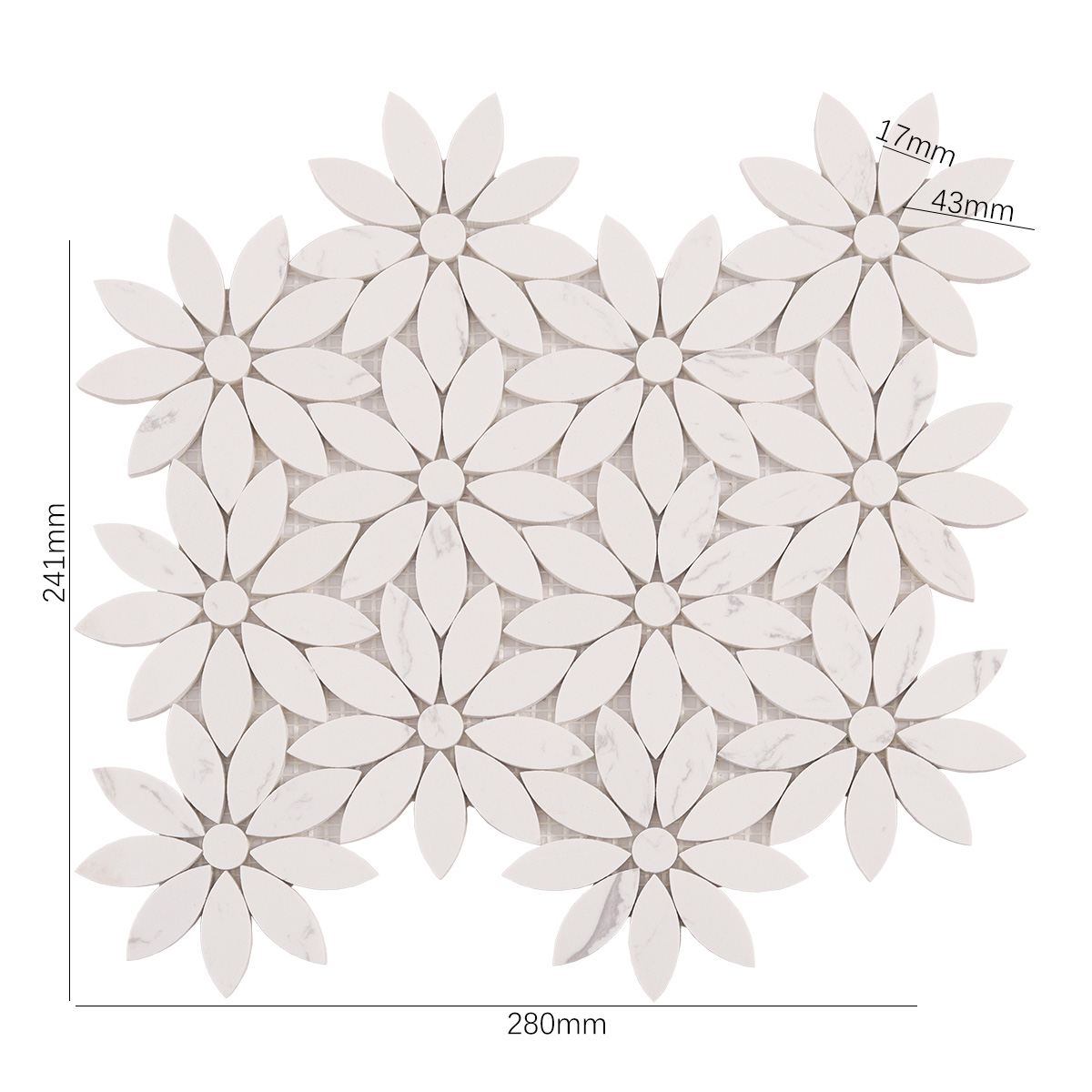 Obverse side of white daisy waterjet marble mosaic tiles, showing size