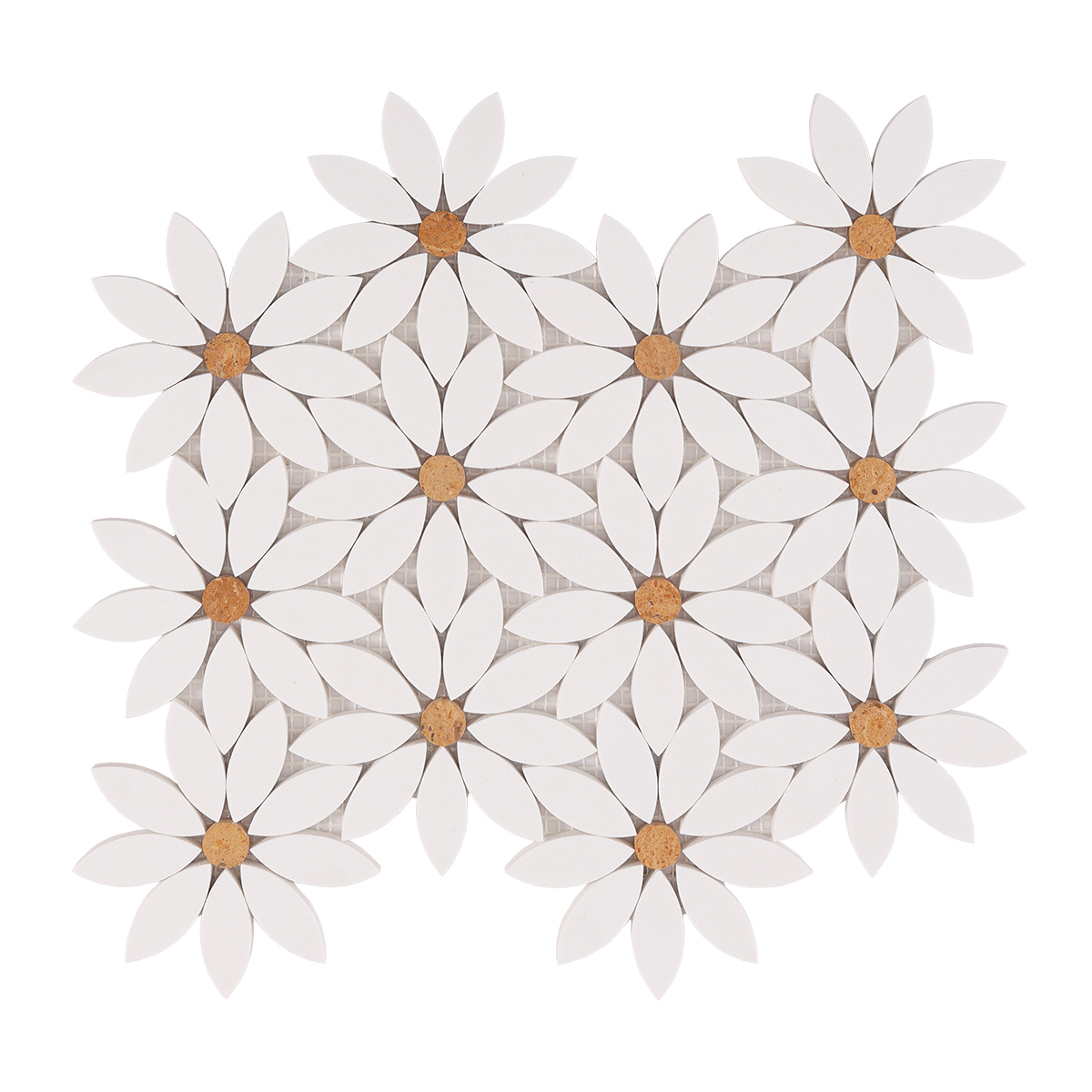 Obverse side of white waterjet sunflower marble mosaic tiles