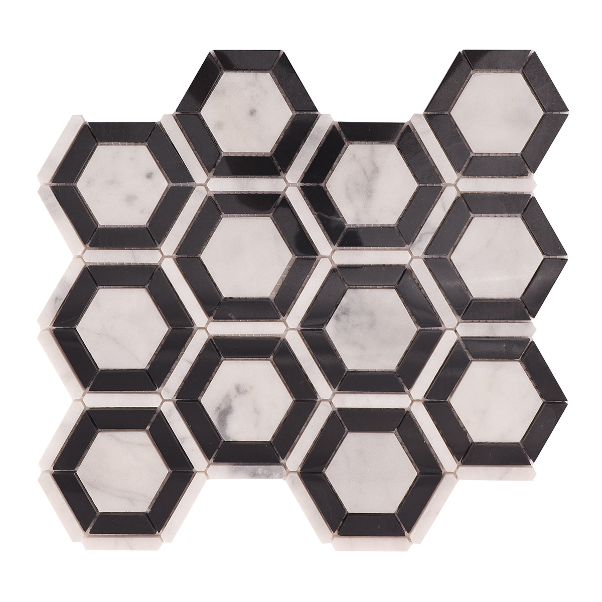 Carrara White and Black Hexagon Geometric Marble Mosaic Tiles-SAICINA TILES