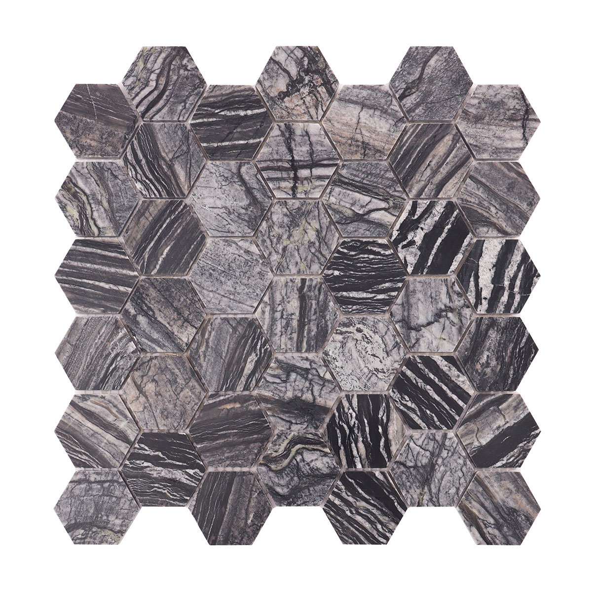 Obverse side of dark grey hexagon marble mosaic tiles